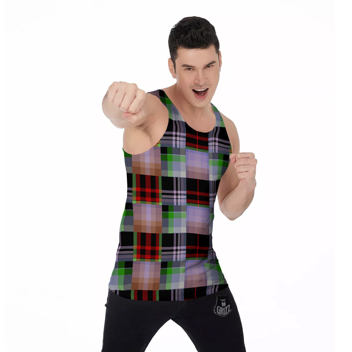 Patchwork Plaid Madras Print Pattern Men's Tank Top-grizzshop