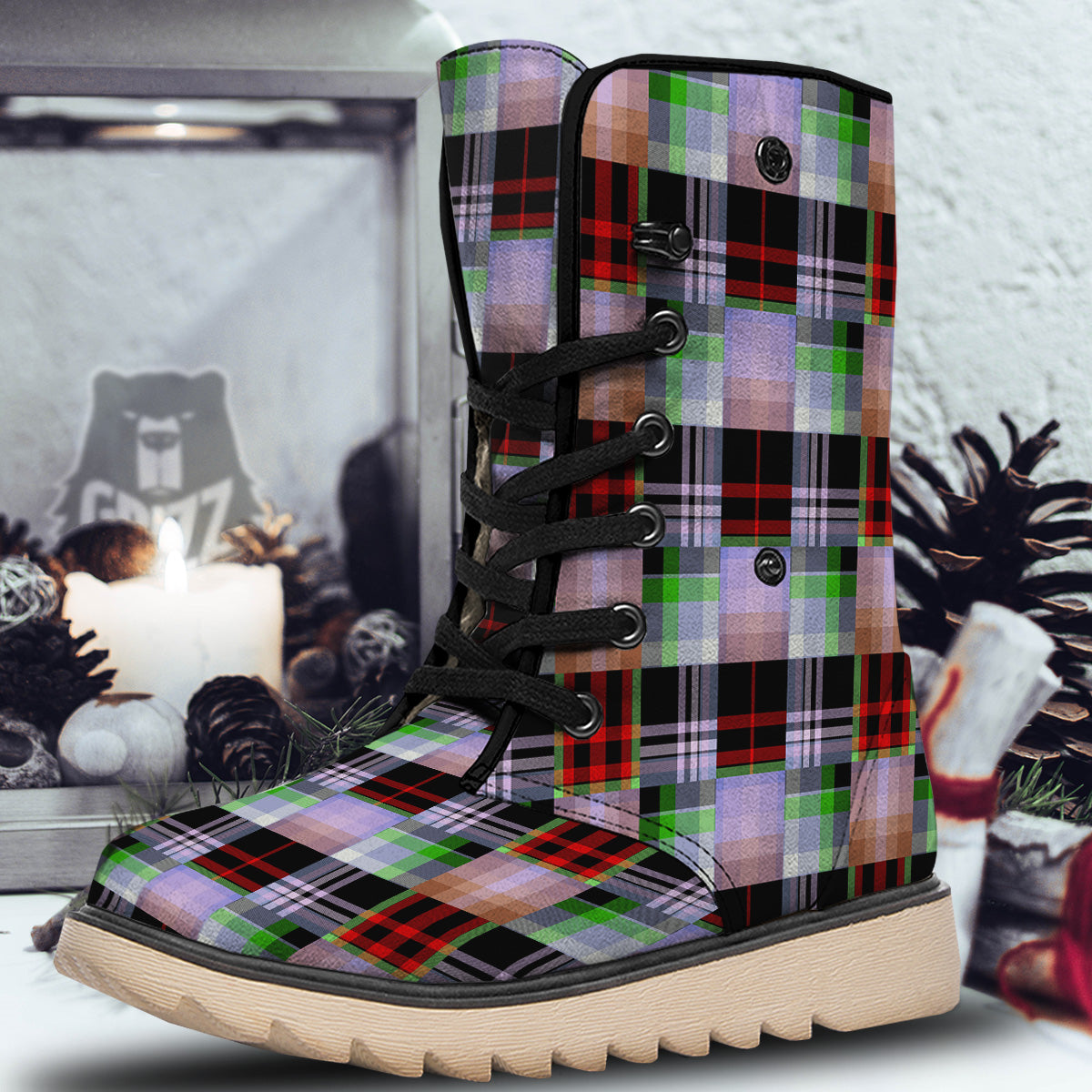 Patchwork Plaid Madras Print Pattern Snow Boots-grizzshop