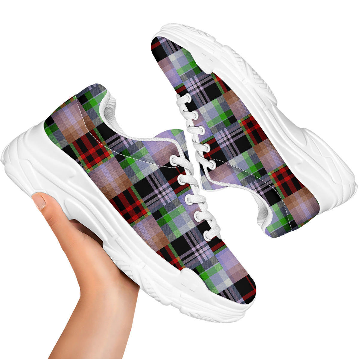 Patchwork Plaid Madras Print Pattern White Chunky Shoes-grizzshop