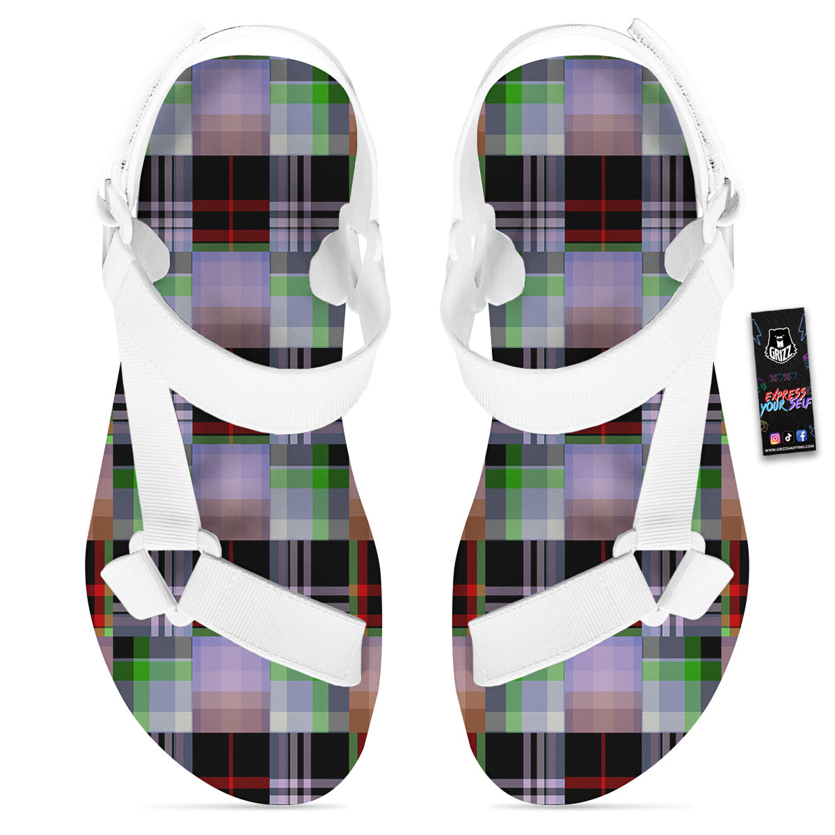 Patchwork Plaid Madras Print Pattern White Open Toe Sandals-grizzshop