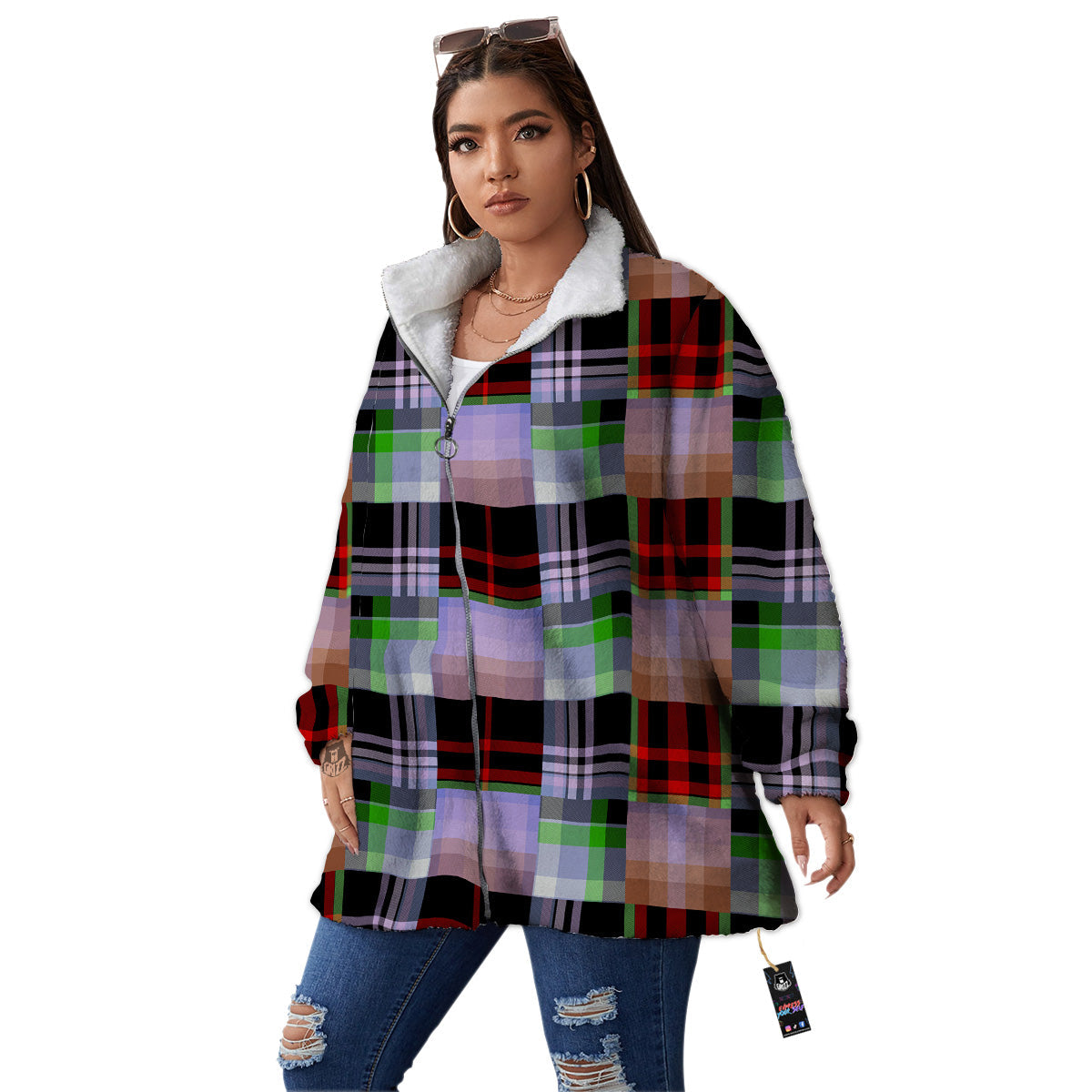 Patchwork Plaid Madras Print Pattern Women's Sherpa Jacket-grizzshop