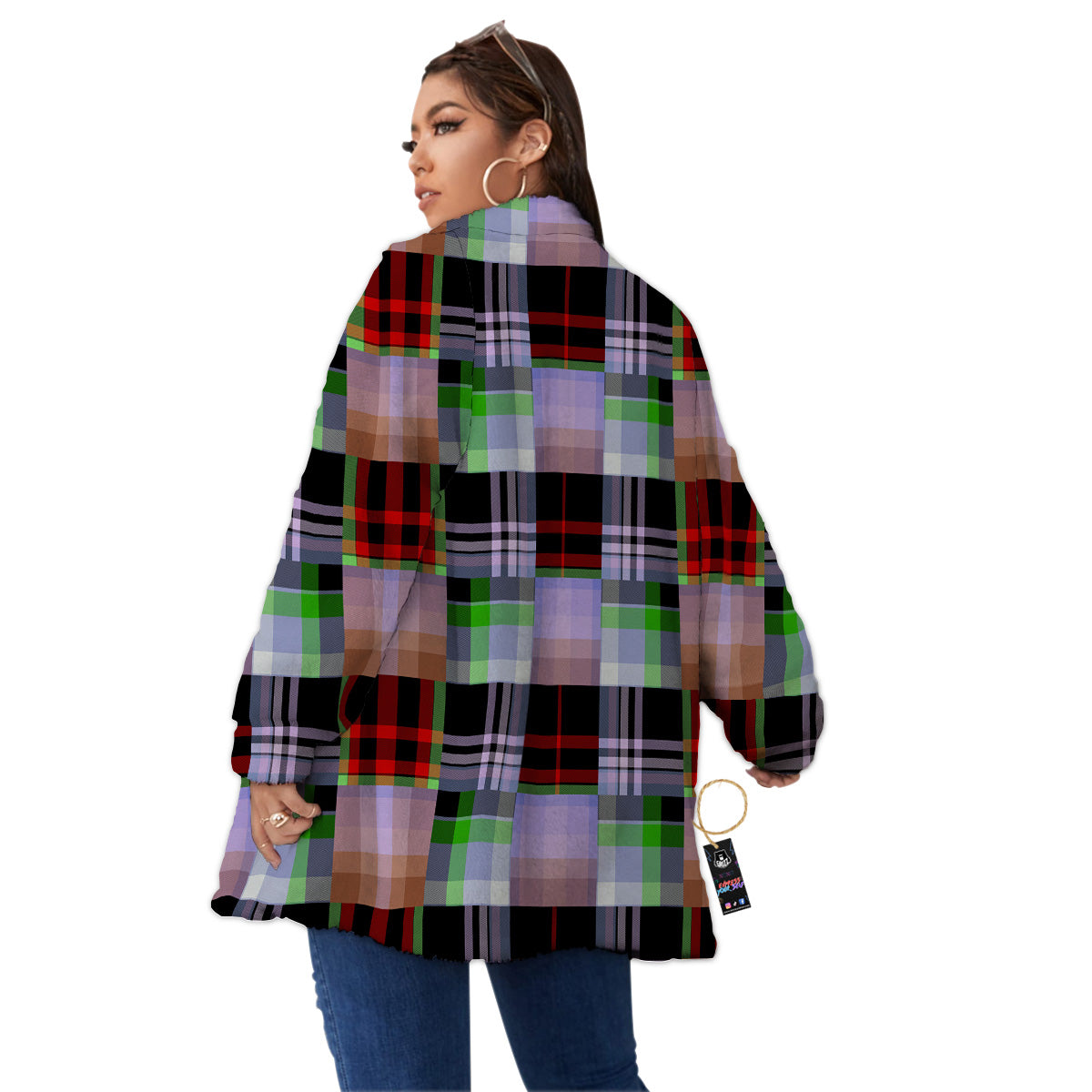 Patchwork Plaid Madras Print Pattern Women's Sherpa Jacket-grizzshop