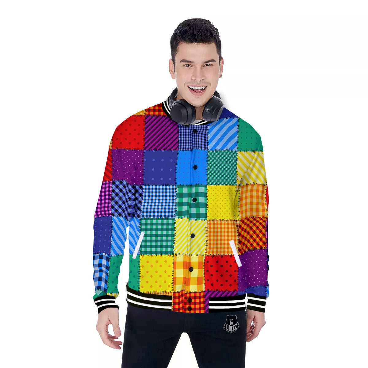 Patchwork Rainbow Print Pattern Baseball Jacket-grizzshop