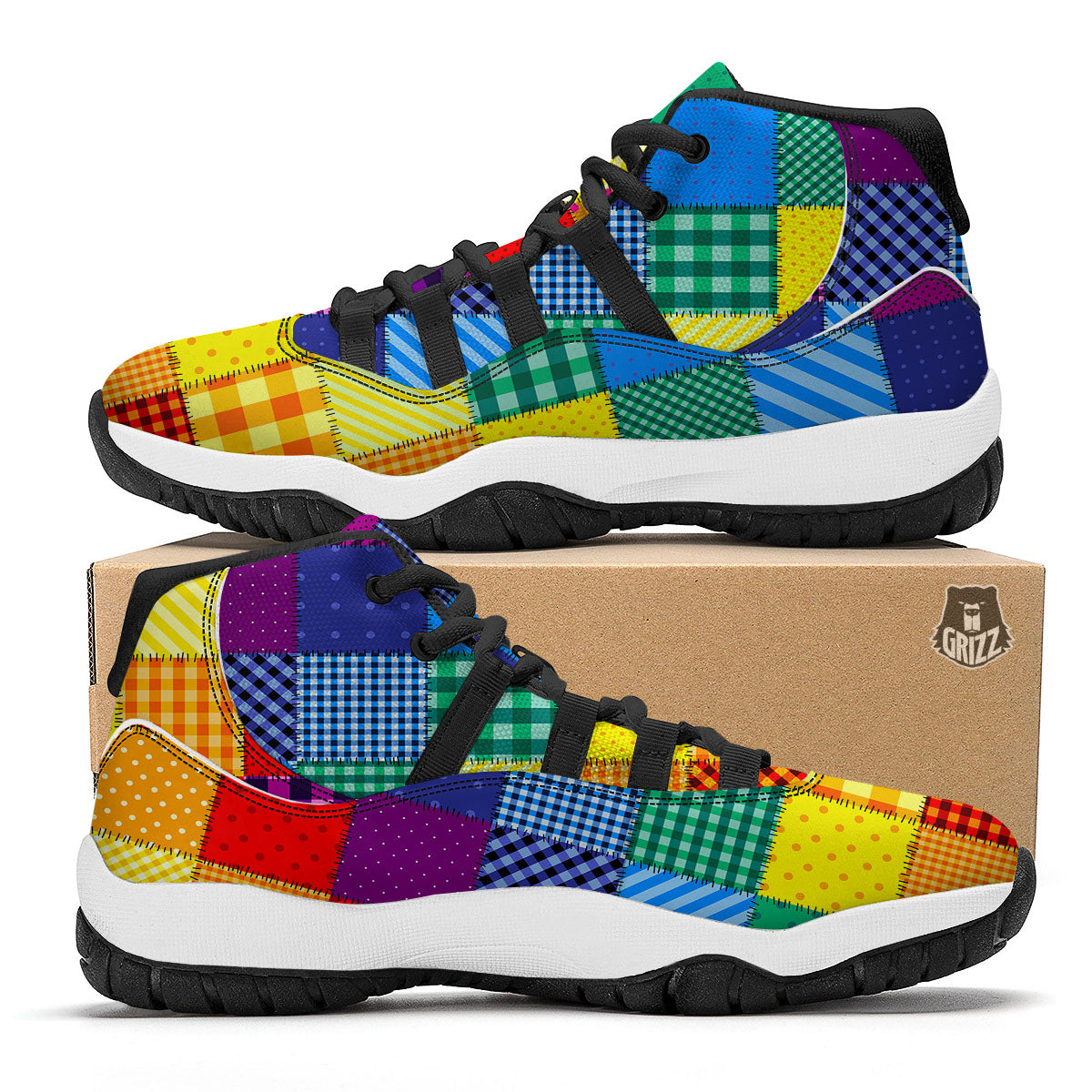 Patchwork Rainbow Print Pattern Black Bball Shoes-grizzshop
