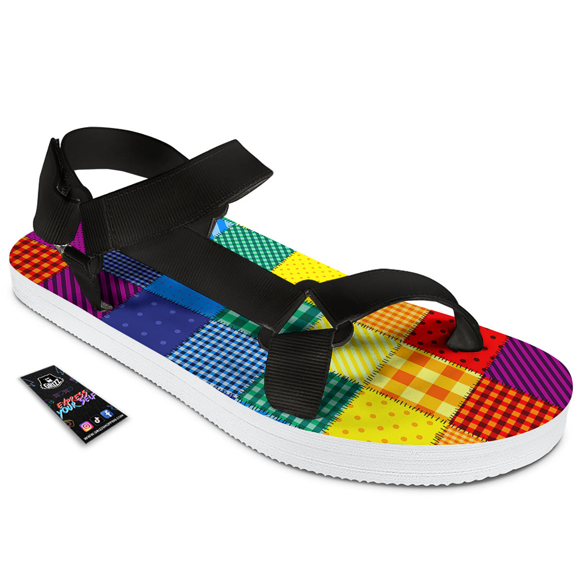 Patchwork Rainbow Print Pattern Black Open Toe Sandals-grizzshop