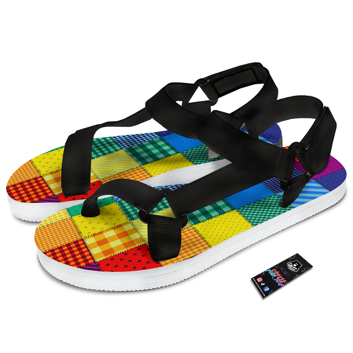 Patchwork Rainbow Print Pattern Black Open Toe Sandals-grizzshop