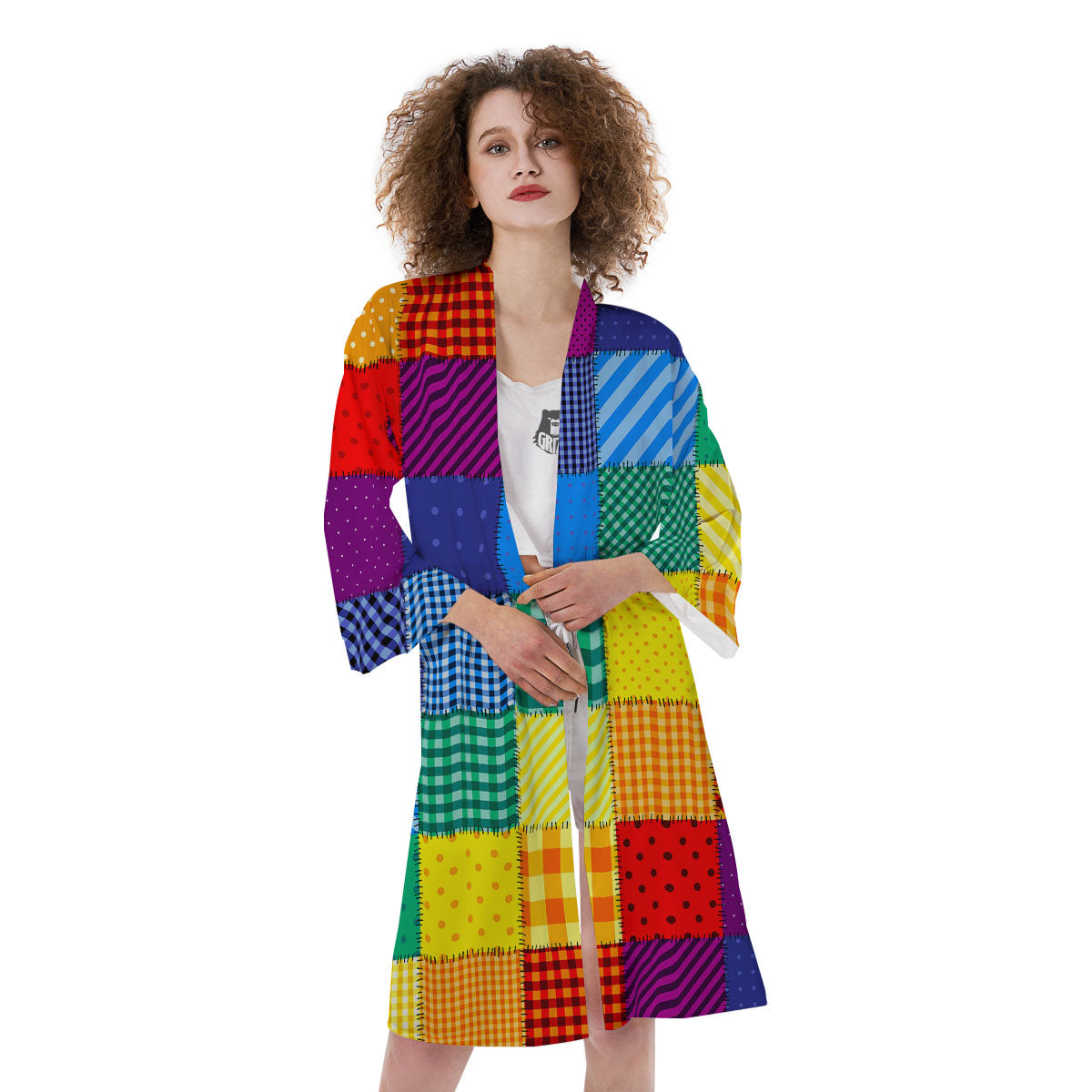 Patchwork Rainbow Print Pattern Kimono-grizzshop