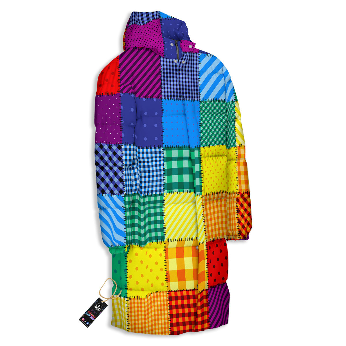 Patchwork Rainbow Print Pattern Long Down Jacket-grizzshop