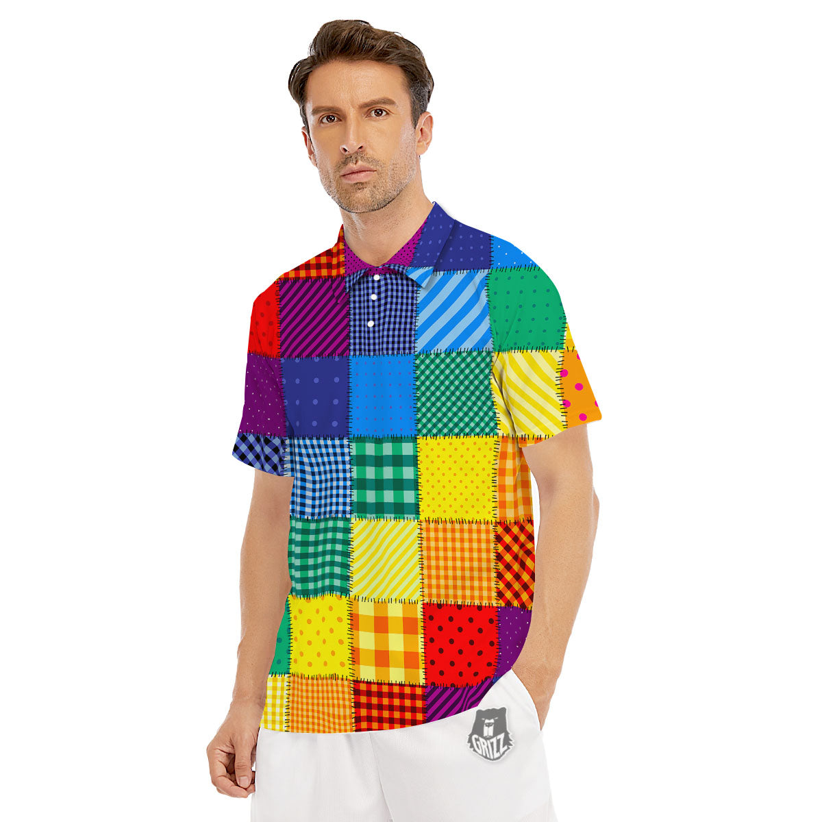 Patchwork Rainbow Print Pattern Men's Golf Shirts-grizzshop