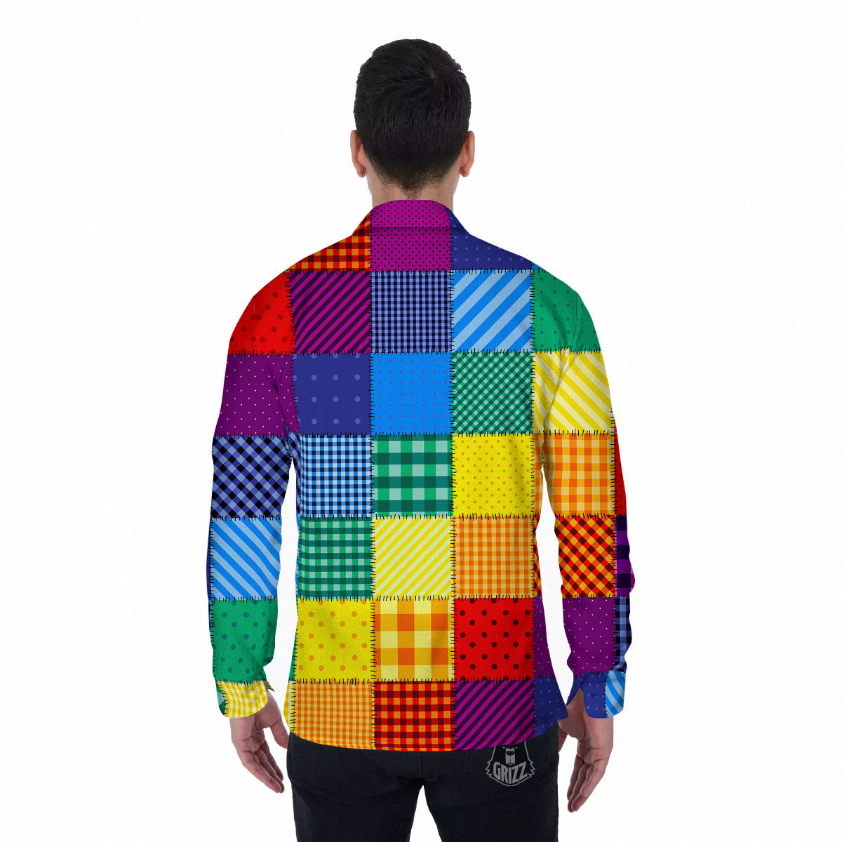 Patchwork Rainbow Print Pattern Men's Long Sleeve Shirts-grizzshop