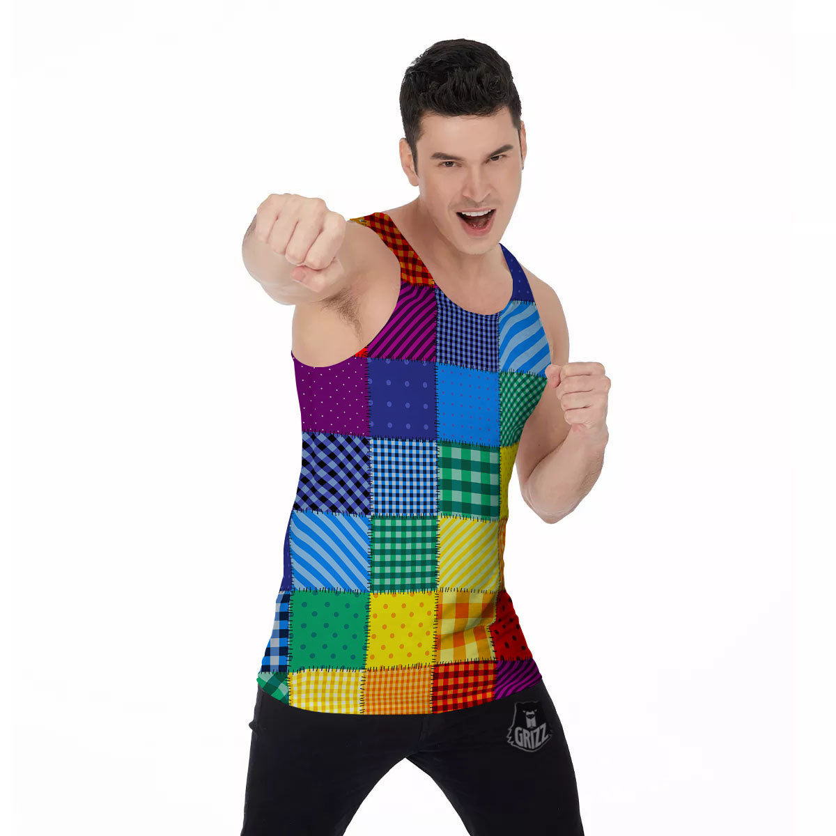 Patchwork Rainbow Print Pattern Men's Tank Top-grizzshop