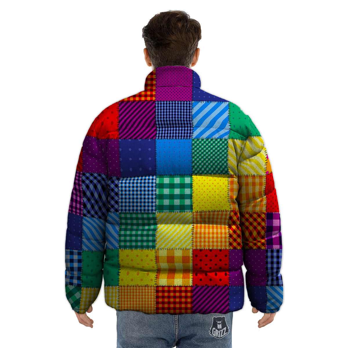 Patchwork Rainbow Print Pattern Puffer Jacket-grizzshop