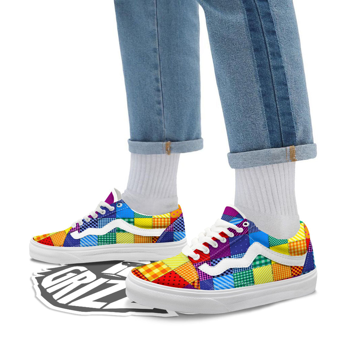 Patchwork Rainbow Print Pattern Skate Shoes-grizzshop