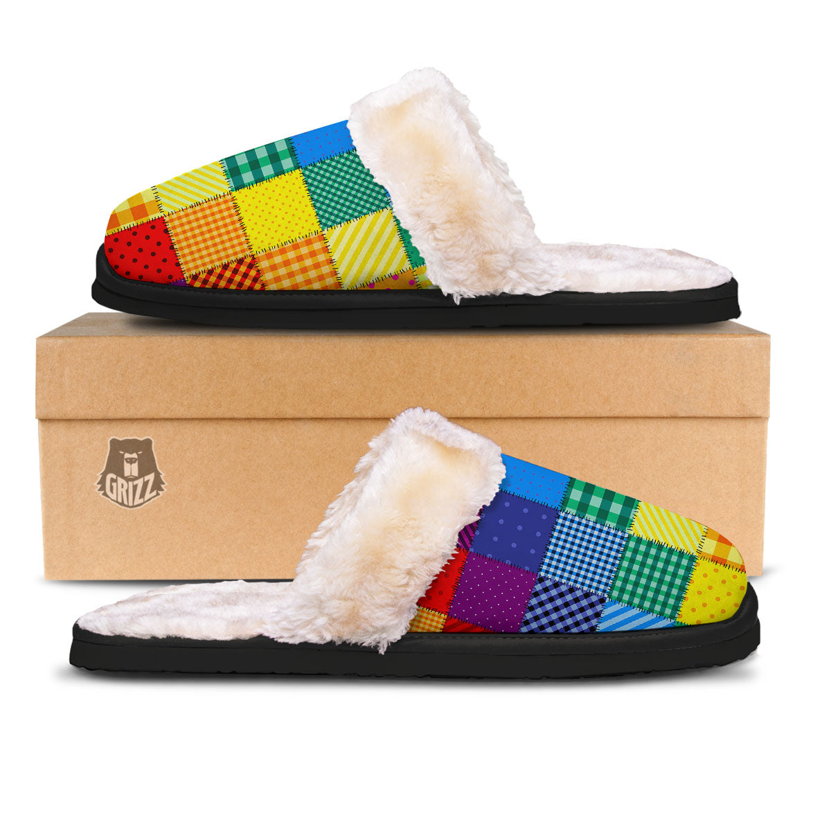 Patchwork Rainbow Print Pattern Slippers-grizzshop