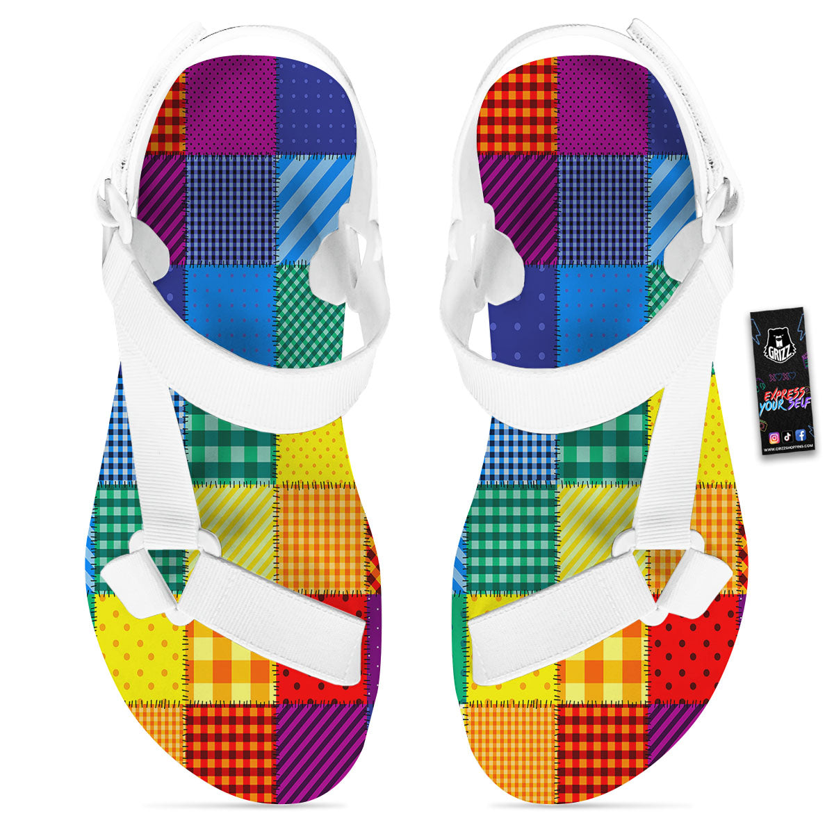 Patchwork Rainbow Print Pattern White Open Toe Sandals-grizzshop