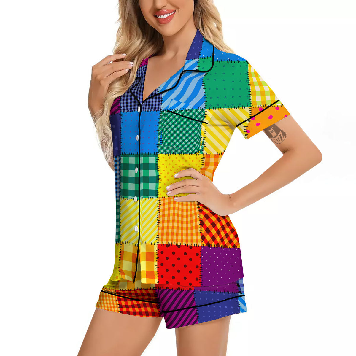 Patchwork Rainbow Print Pattern Women Silk Pajamas-grizzshop