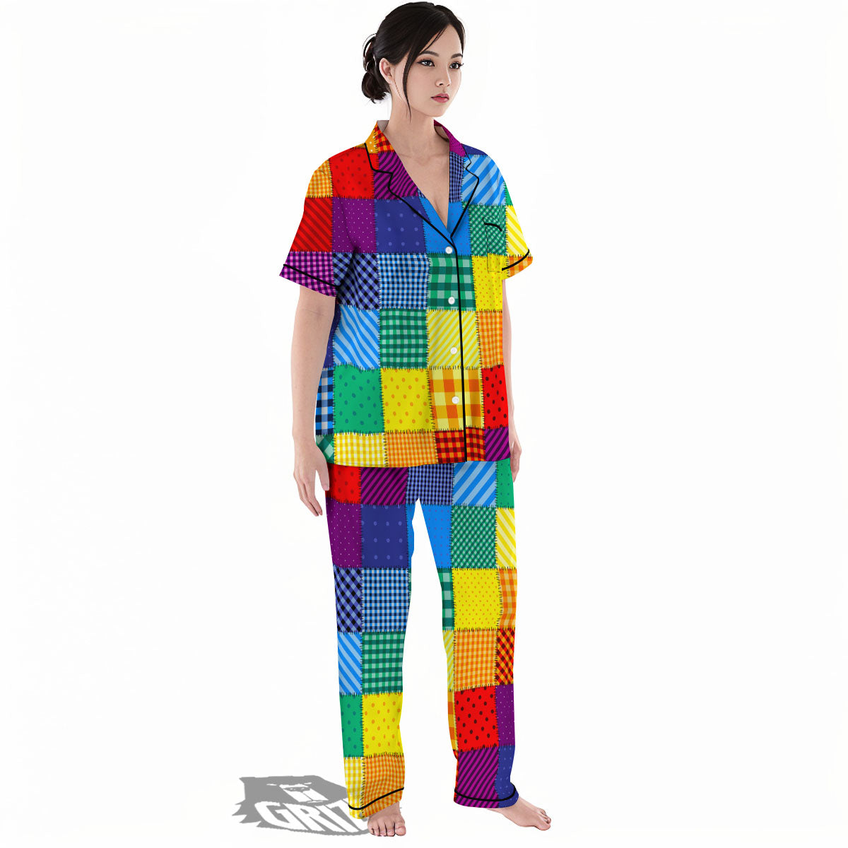 Patchwork Rainbow Print Pattern Women's Pajamas Set-grizzshop