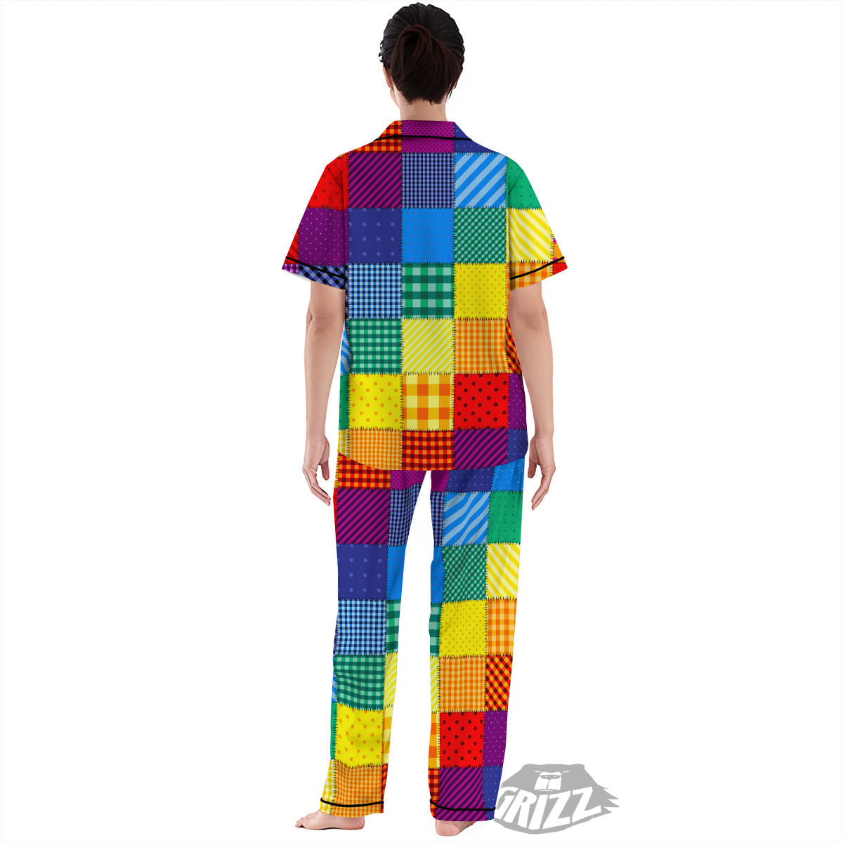 Patchwork Rainbow Print Pattern Women's Pajamas Set-grizzshop