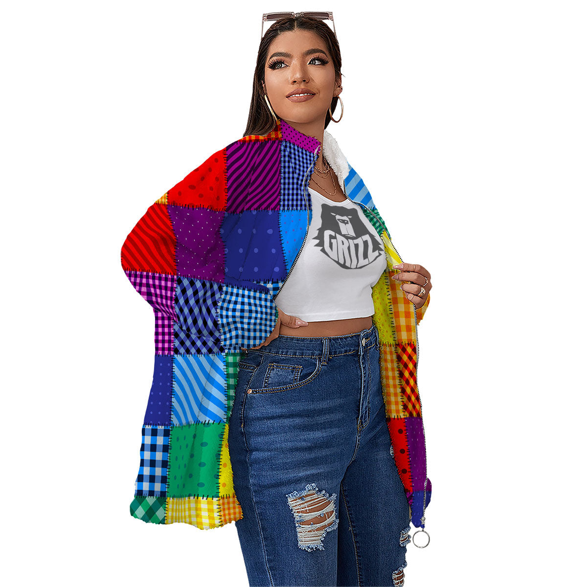 Patchwork Rainbow Print Pattern Women's Sherpa Jacket-grizzshop