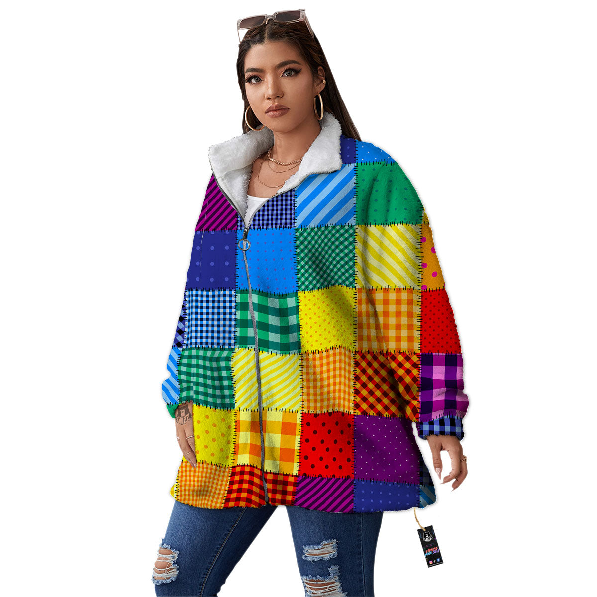Patchwork Rainbow Print Pattern Women's Sherpa Jacket-grizzshop