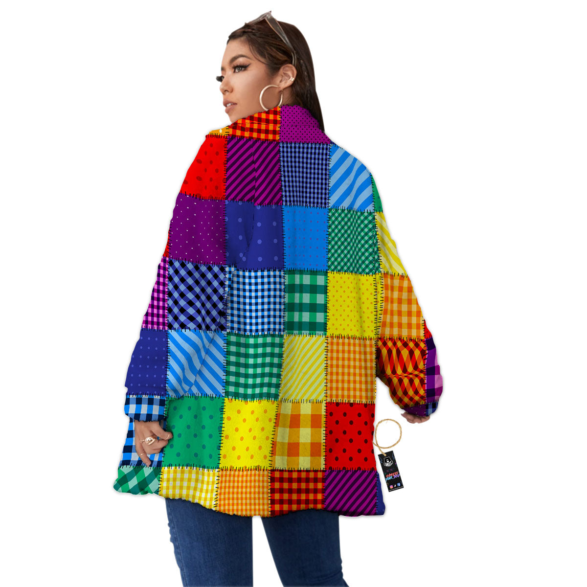 Patchwork Rainbow Print Pattern Women's Sherpa Jacket-grizzshop