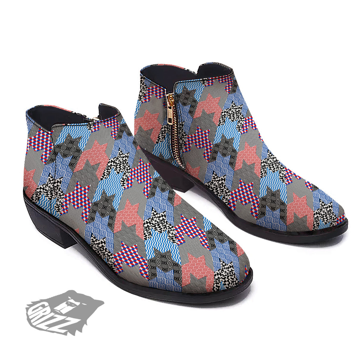 Patchwork Style And Classic Houndstooth Print Pattern Ankle Boots-grizzshop