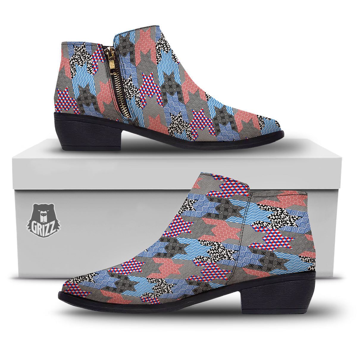Patchwork Style And Classic Houndstooth Print Pattern Ankle Boots-grizzshop