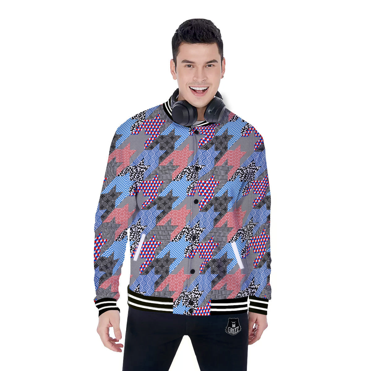 Patchwork Style And Classic Houndstooth Print Pattern Baseball Jacket-grizzshop
