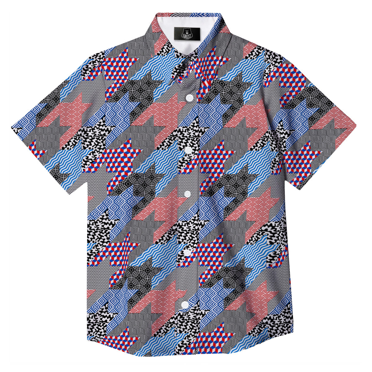 Patchwork Style And Classic Houndstooth Print Pattern Button Up Shirt-grizzshop