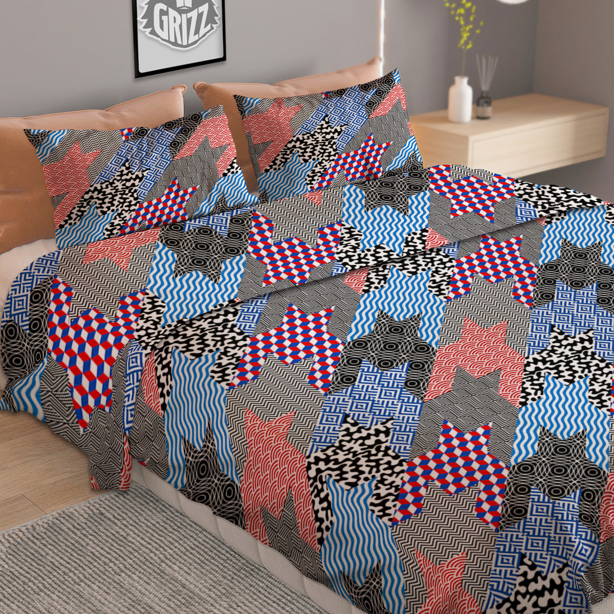 Patchwork Style And Classic Houndstooth Print Pattern Duvet Cover Bedding Set