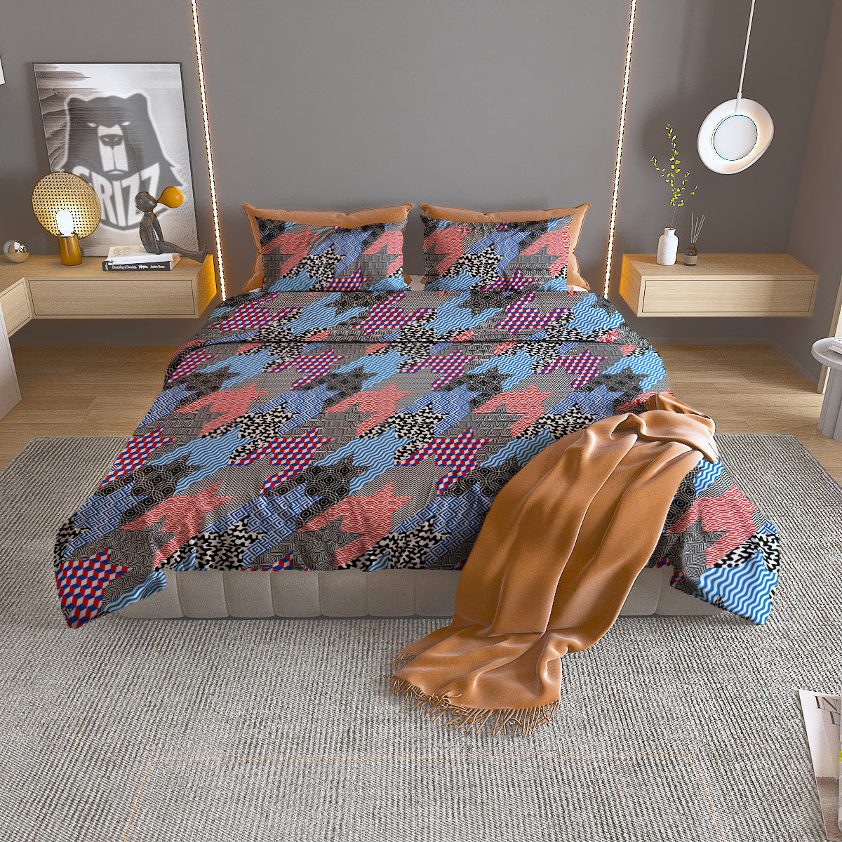 Patchwork Style And Classic Houndstooth Print Pattern Duvet Cover Bedding Set-grizzshop