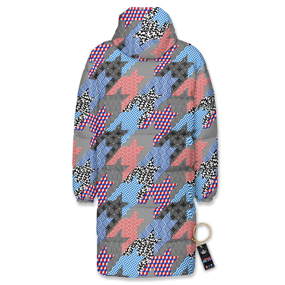 Patchwork Style And Classic Houndstooth Print Pattern Long Down Jacket-grizzshop