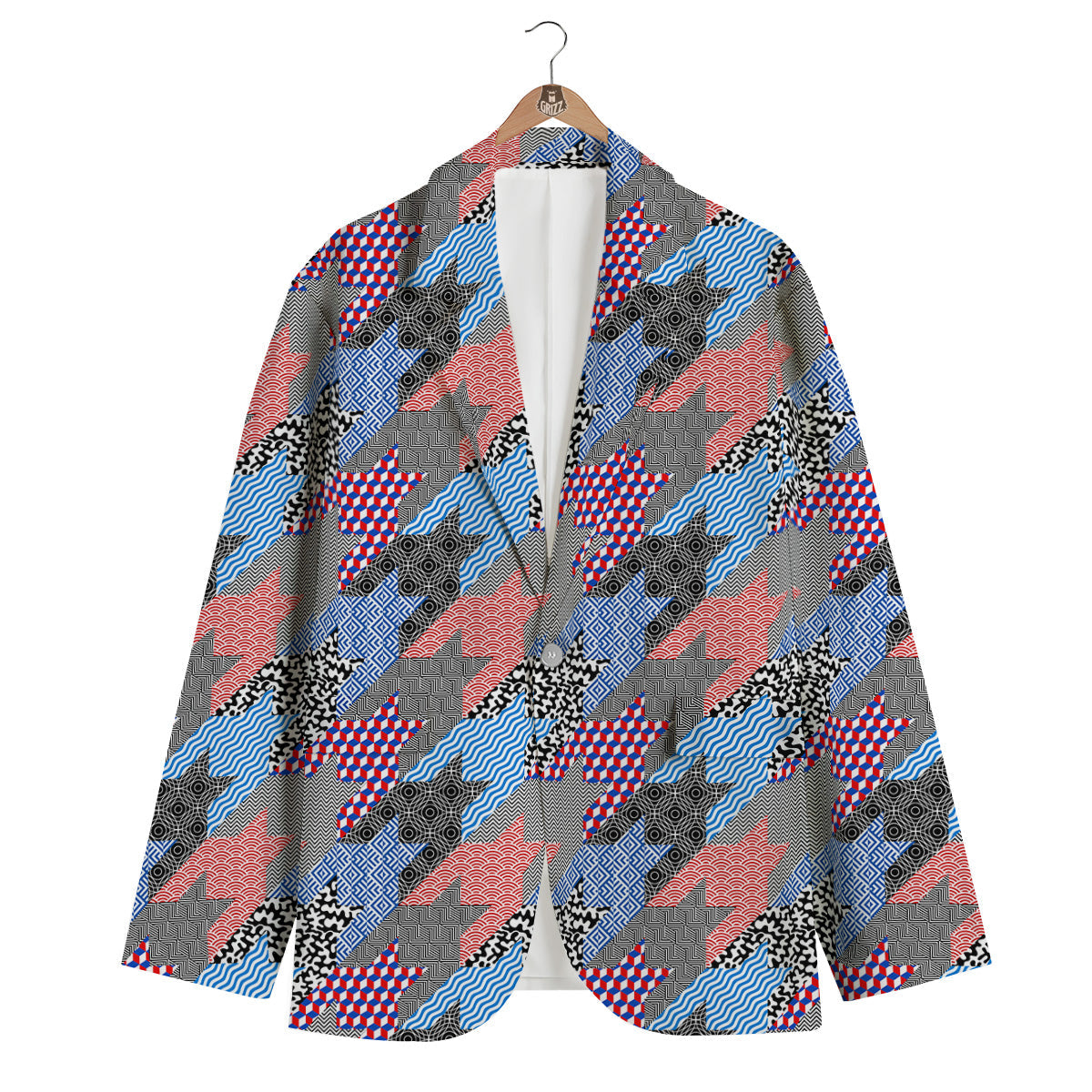 Patchwork Style And Classic Houndstooth Print Pattern Men's Blazer-grizzshop