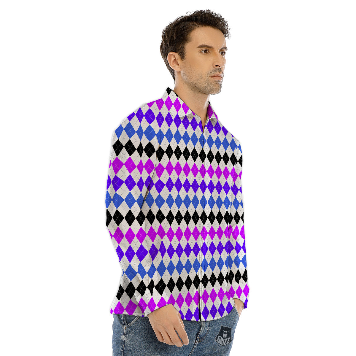 Patchwork Style And Classic Houndstooth Print Pattern Men's Dress Shirts-grizzshop