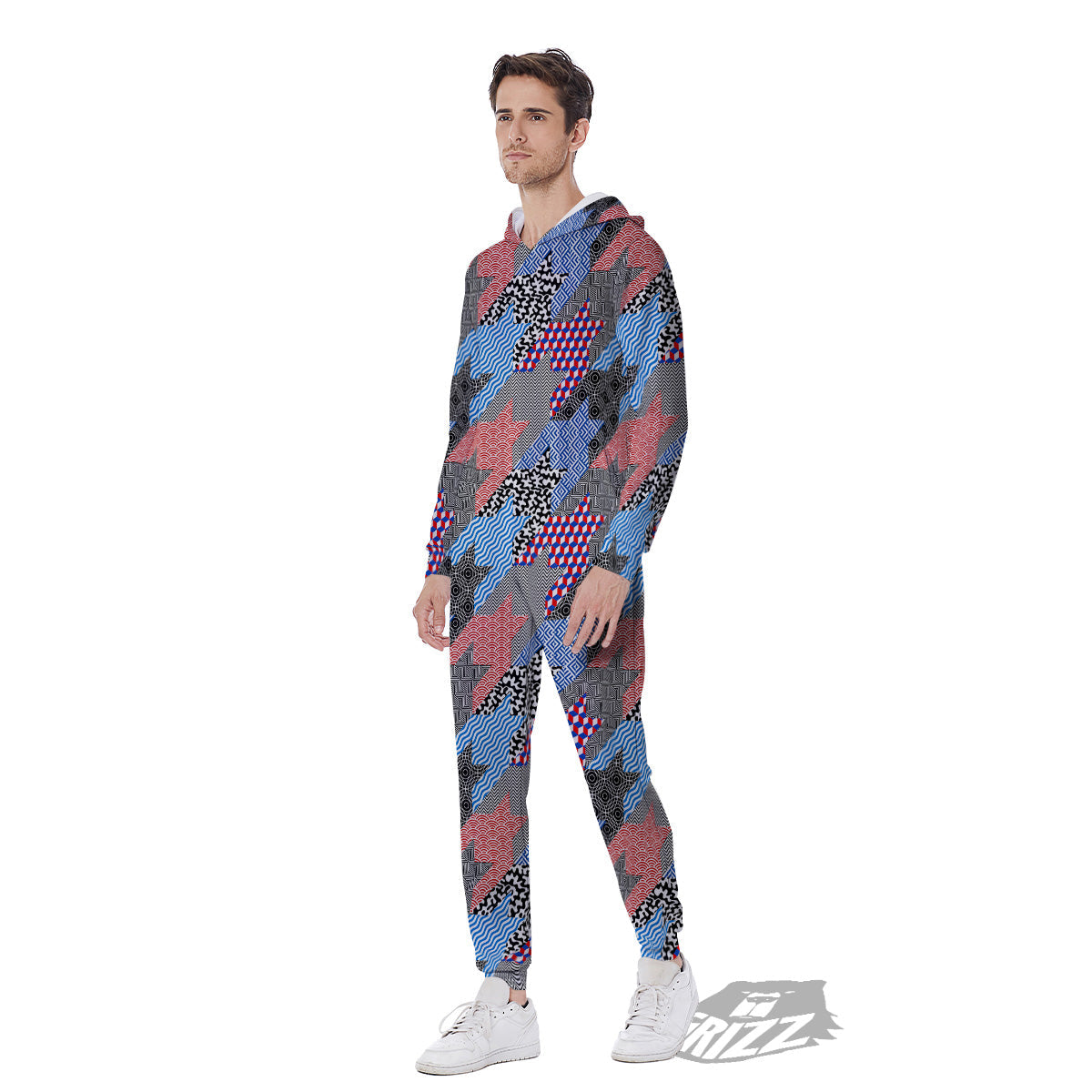 Patchwork Style And Classic Houndstooth Print Pattern Men's Jumpsuit-grizzshop