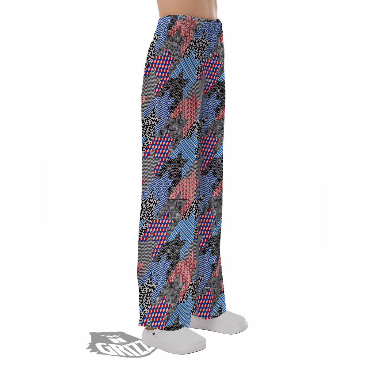 Patchwork Style And Classic Houndstooth Print Pattern Pajama Pants-grizzshop