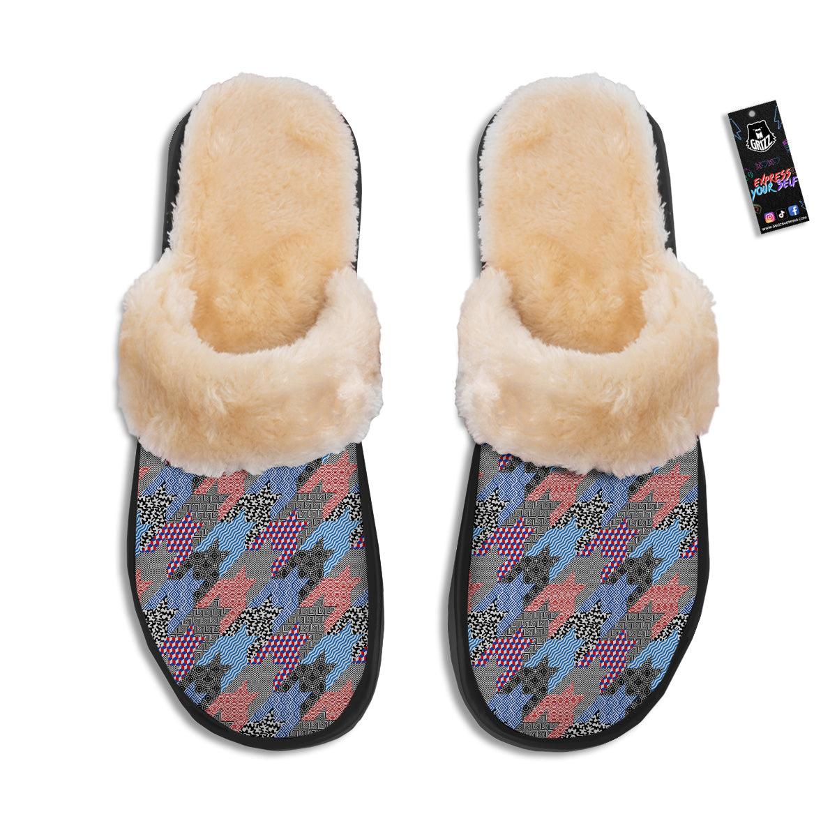 Patchwork Style And Classic Houndstooth Print Pattern Slippers-grizzshop