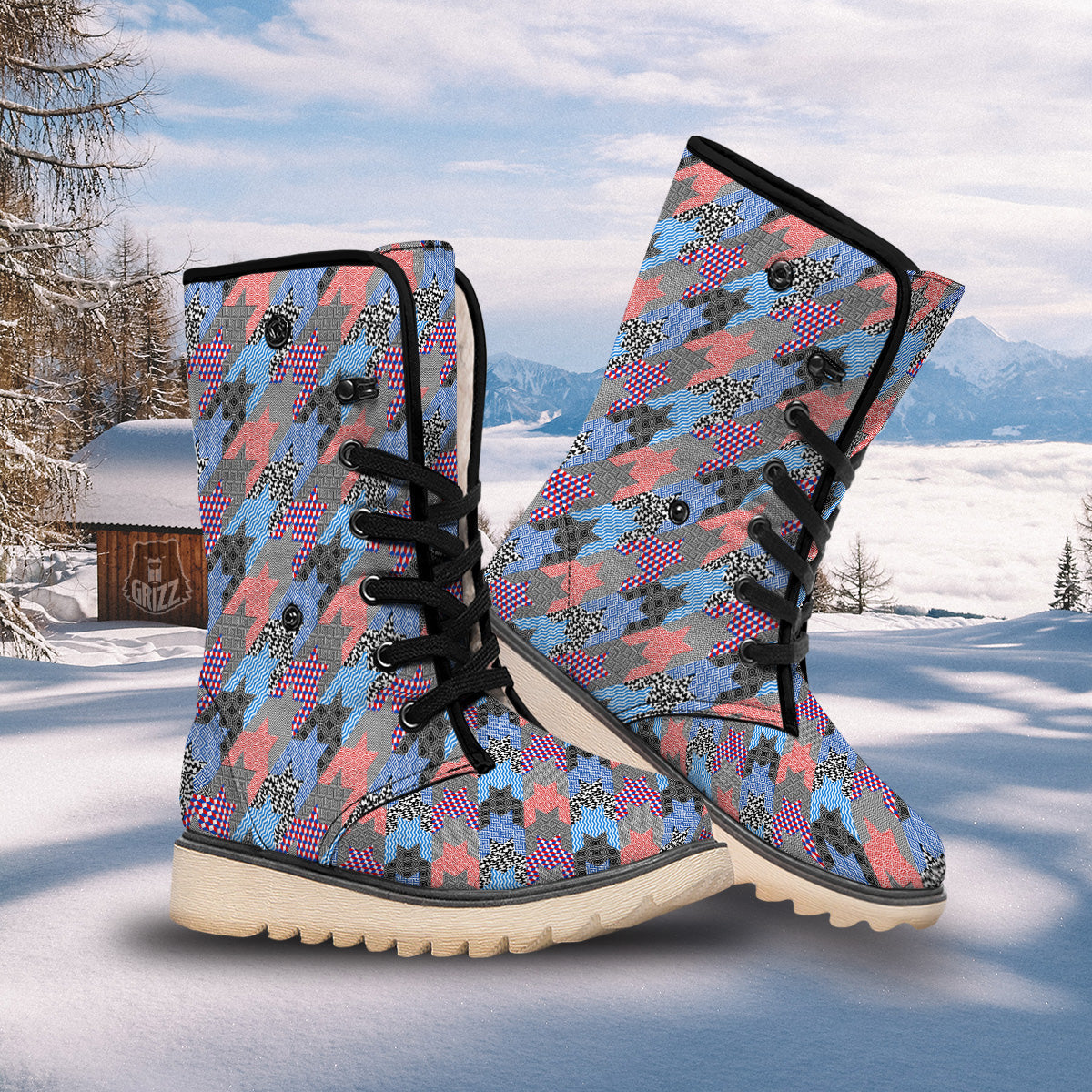 Patchwork Style And Classic Houndstooth Print Pattern Snow Boots-grizzshop
