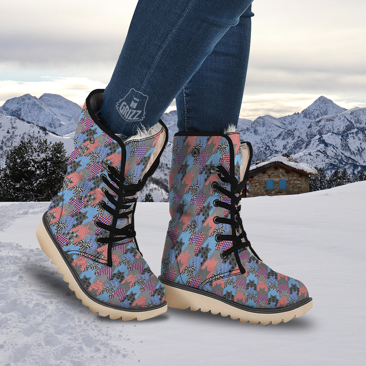 Patchwork Style And Classic Houndstooth Print Pattern Snow Boots-grizzshop