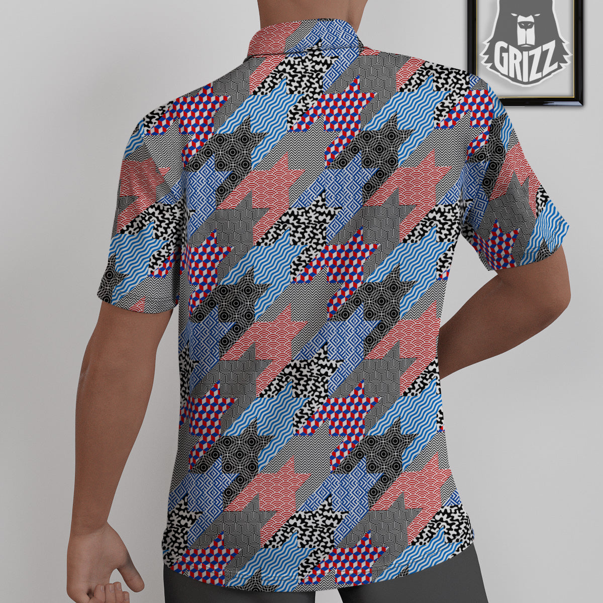 Patchwork Style And Classic Houndstooth Print Pattern Untucked Shirts-grizzshop