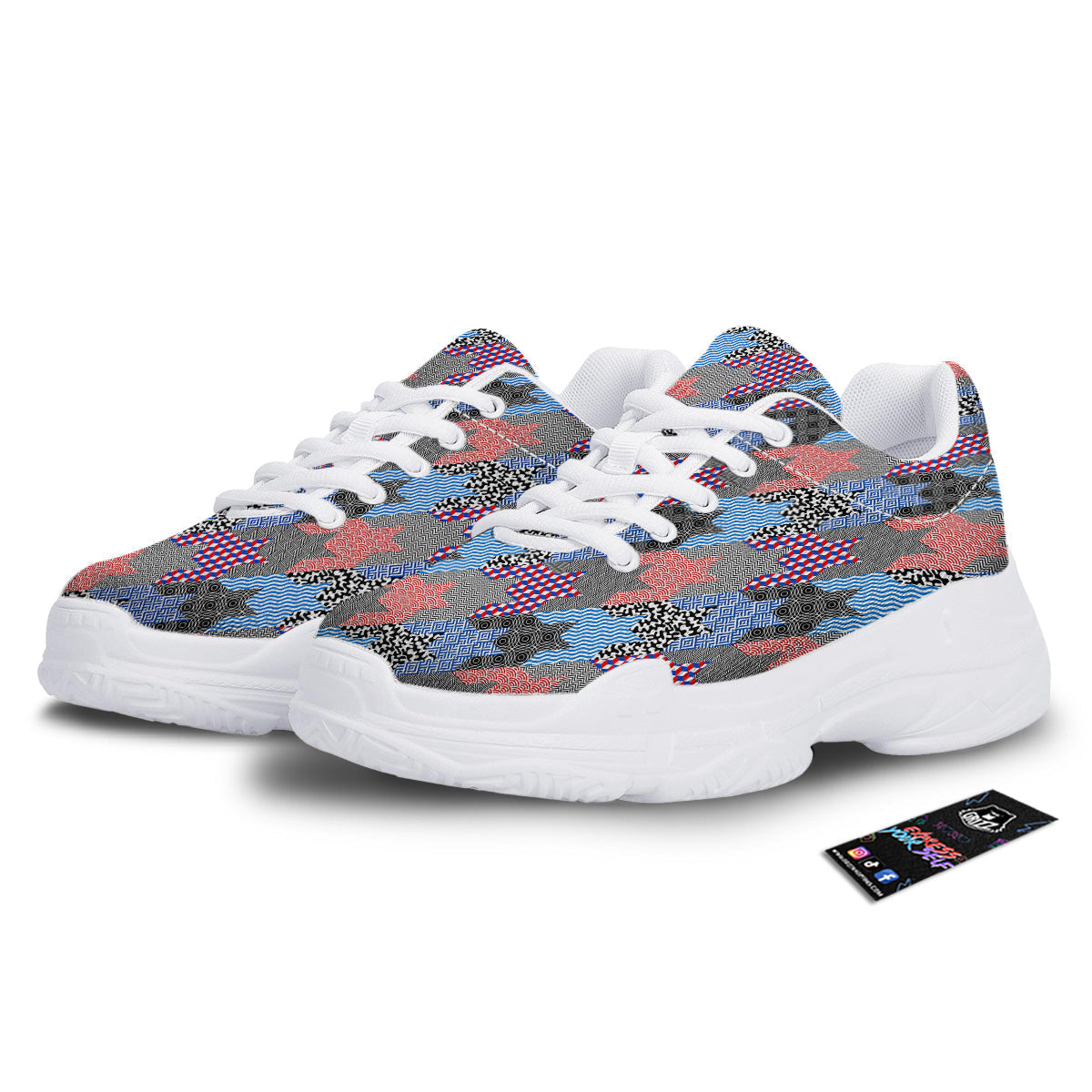 Patchwork Style And Classic Houndstooth Print Pattern White Chunky Shoes-grizzshop