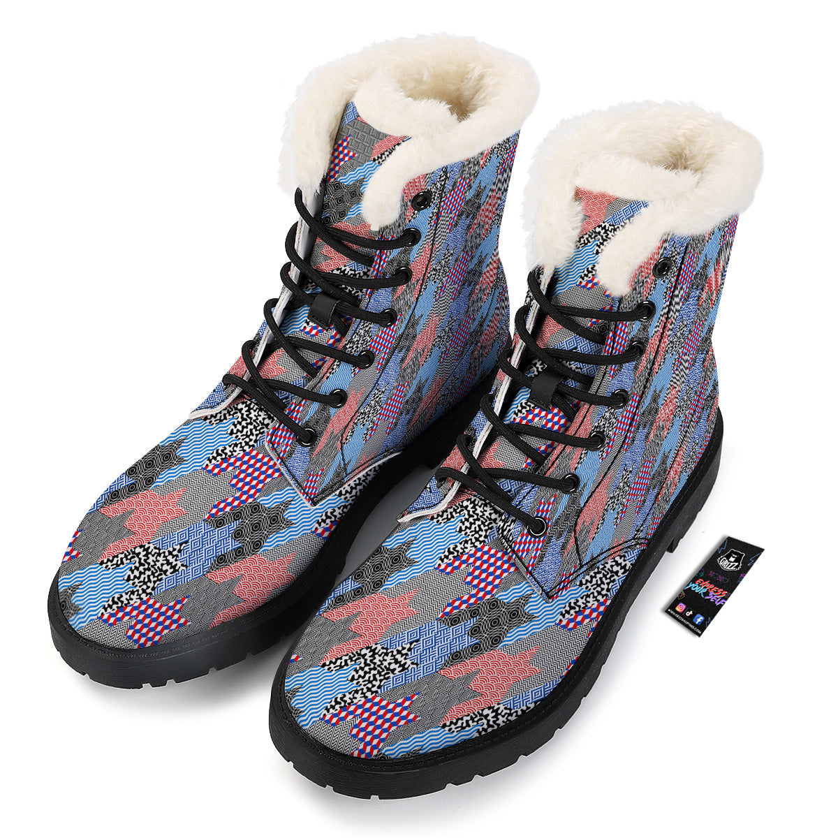 Patchwork Style And Classic Houndstooth Print Pattern Winter Boots-grizzshop