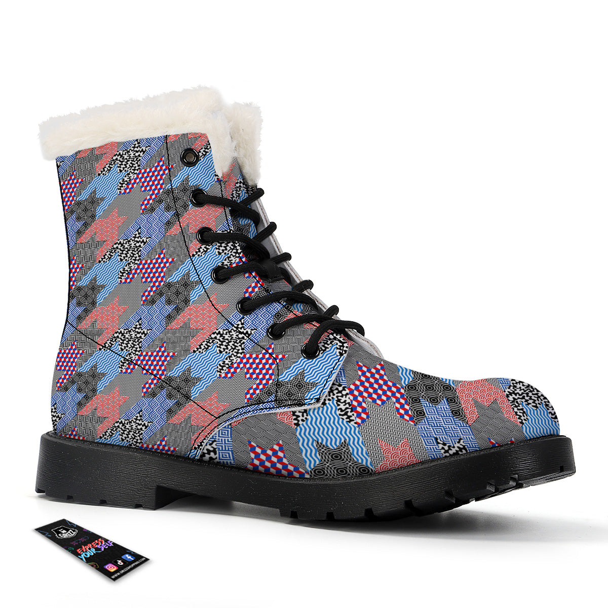 Patchwork Style And Classic Houndstooth Print Pattern Winter Boots-grizzshop