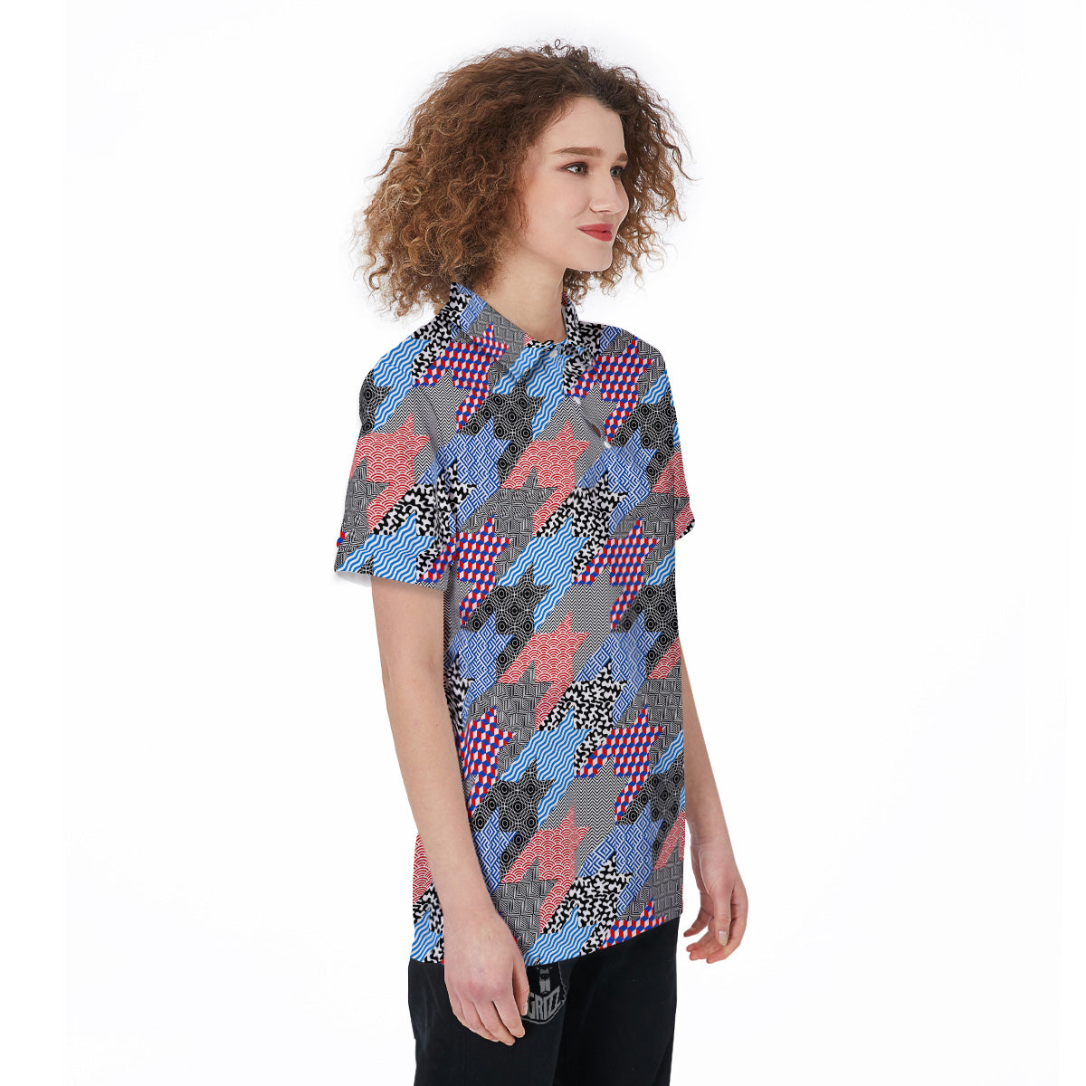 Patchwork Style And Classic Houndstooth Print Pattern Women's Golf Shirts-grizzshop