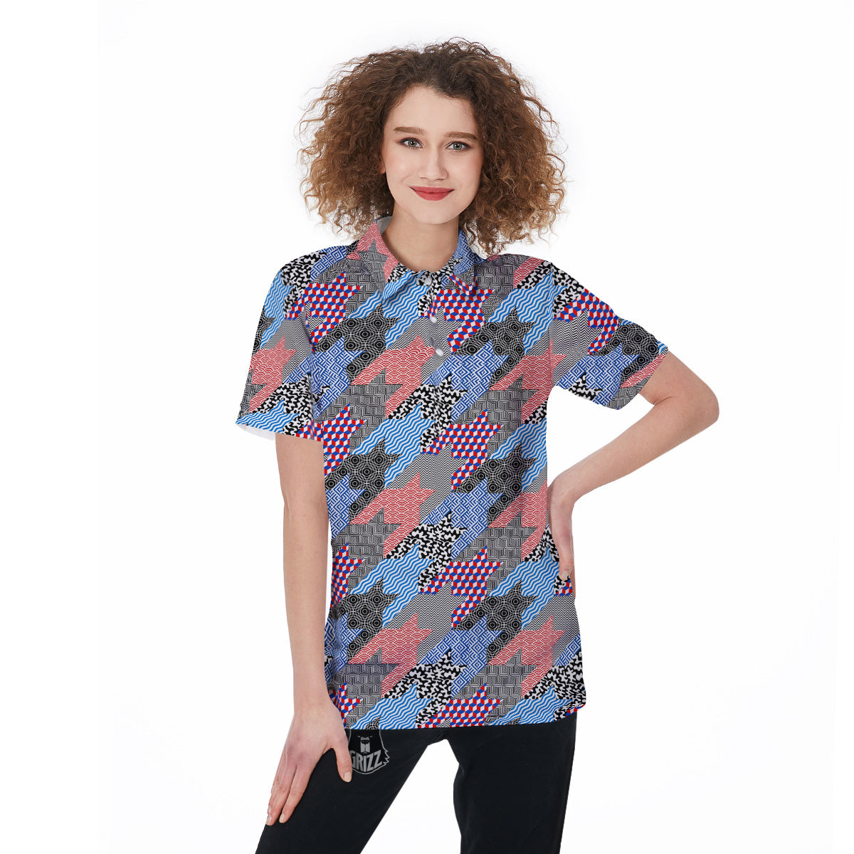 Patchwork Style And Classic Houndstooth Print Pattern Women's Golf Shirts-grizzshop