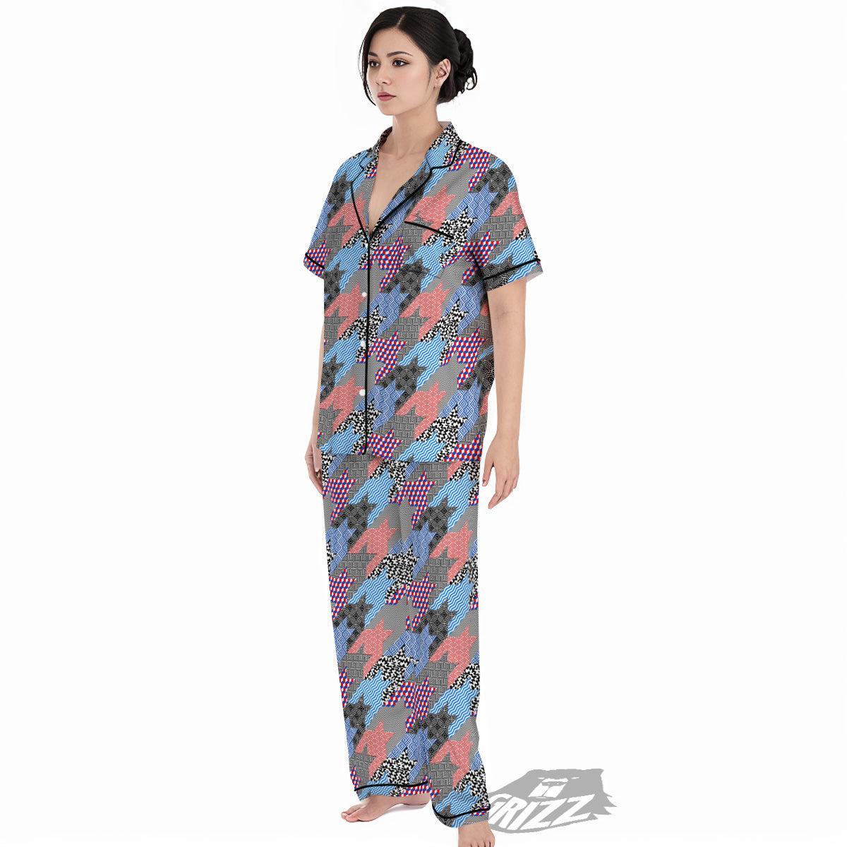 Patchwork Style And Classic Houndstooth Print Pattern Women's Pajamas Set-grizzshop