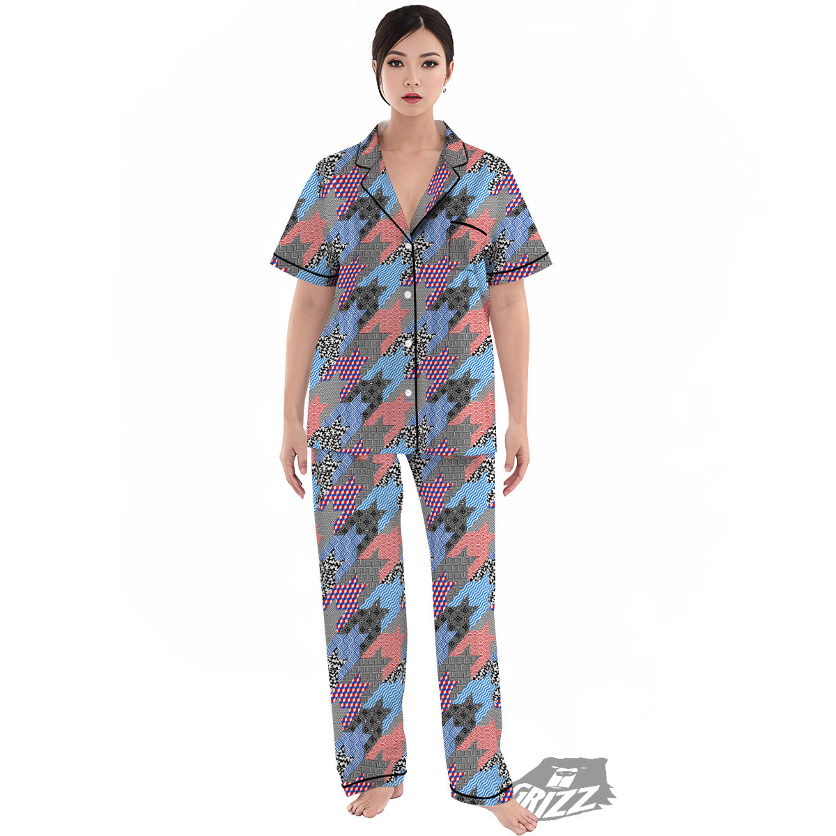 Patchwork Style And Classic Houndstooth Print Pattern Women's Pajamas Set-grizzshop