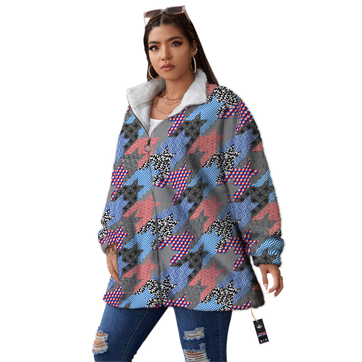 Patchwork Style And Classic Houndstooth Print Pattern Women's Sherpa Jacket-grizzshop