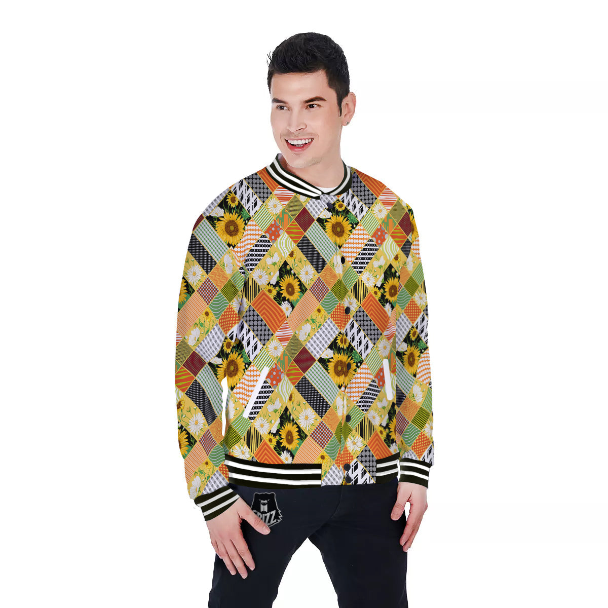 Patchwork Sunflowers Print Baseball Jacket-grizzshop