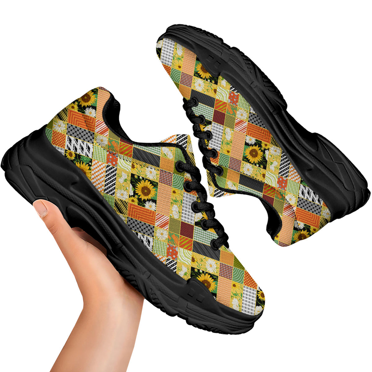 Patchwork Sunflowers Print Black Chunky Shoes-grizzshop